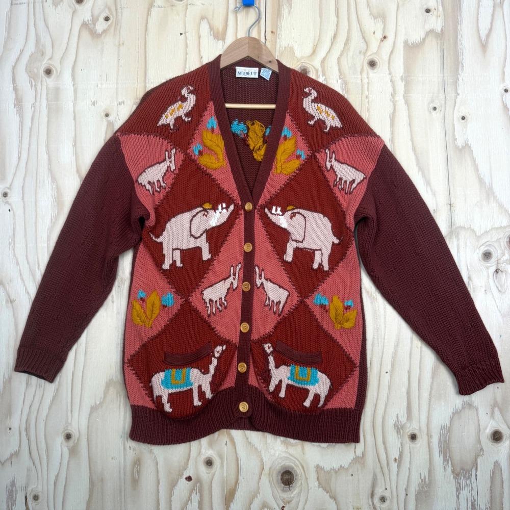 Mixit Vintage 90s Elephant Cardigan Sweater Women M Orange Elephant Cotton Blend
